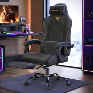 SONGMICS Gaming-Stuhl, Bürostuhl, Schreibtischstuhl, ergonomischer Gaming-Sessel, Sitzkissen mit Federn, Fußstütze, Armlehnen mit Synchronmechanik, tintenschwarz