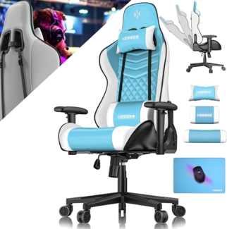 KESSER® Gamingstuhl mit Kopfstütze & Lendenkissen | Ergonomischer Gaming Sessel 150kg belastbar | Gamer Stuhl 360° Armlehne | Drehbarer Schreibtischstuhl Gaming Chair mit Mauspad + Gummi-Rollen Hellblau / Weiß