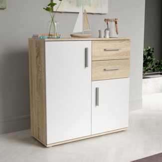 Forte IKOLI Kommode 80, Moderne Kommode, 2-türig, 2 Schubladen, Wohn-/Schlafzimmer, Flur, Holzwerkstoff, Weiß mit Sonoma Eiche Holzdekor, 79,9 cm breit x 81,7 cm hoch x 31,4 cm tief