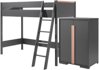 LONDON Hochbett Set, best. aus Hochbett mit Liegefläche 90x200 cm und Wäscheschrank, Ausf. Dekor Anthrazit, Absatz Buche natur massiv