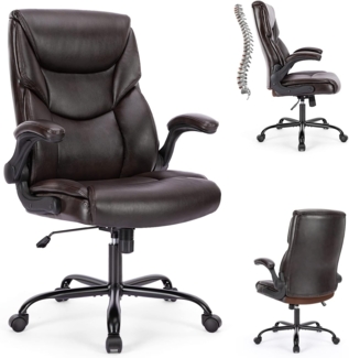 Sweetcrispy Chefsessel PU Leder Bürostuhl Ergonomisch, Schreibtischstuhl mit Armlehnen, Ergonomischer Computerstuhl mit Hoher Rückenlehne, Gaming PC Drehstuhl für Arbeit Ruhe, Dunkel Braun