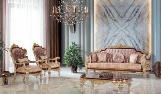 Casa Padrino Luxus Barock Wohnzimmer Set Rosa / Braun / Silber / Gold - 2 Sofas & 2 Sessel & 1 Couchtisch - Handgefertigte Wohnzimmer Möbel im Barockstil - Edel & Prunkvoll