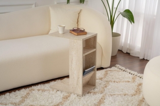 Hanah Home Elegant Marble-Style Side Table, Travertine Color, 30 x 63 x 40 cm | 100% Melamine Coated Particle Board, 18 mm Thick, Wheeled Legs for Easy Mobility
