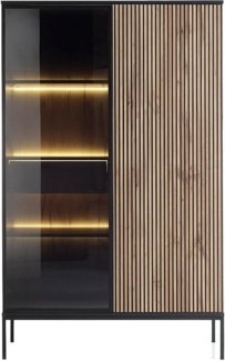 Vente-unique - Vitrinenschrank - 2 Türen & 1 Schublade - mit LED-Beleuchtung - MDF & Rauchglas - Schwarz & Holzfarben - OVILA