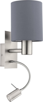 Eglo 96479 Wandleuchte Stofflampe PASTERI Textil grau E27 LED 1X40W;1X3,8W H:38cm L:15cm mit Wippschalter