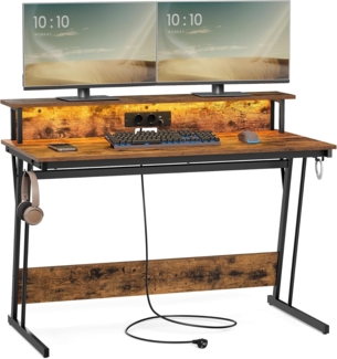 Vasagle Schreibtisch, Gaming Tisch mit eingebauter Steckdosenleiste, Computertisch, mit Monitorständer für 2 Monitore, Schlafzimmer, 60 x 120 x 76 cm, vintagebraun LWDDE192K01