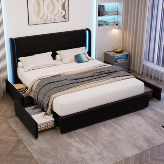 REDOM Schlafsofa Polsterbett Doppelbett Daybett Tagesbett 140x200 cm, hydraulischem Stauraum & verstellbarem Kopfteil, mit LED-Beleuchtung, Ohne Matratze