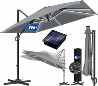 KESSER® Sonnenschirm Ampelschirm SUN XL 300 x 300 cm Inkl. Abdeckung +Windsicherung Drehbar Neigbar Kippbar Marktschirm Groß 360° Rotation, Gartenschirm mit Kurbel Sonnenschutz UV50+ Anthrazit, Mit LED