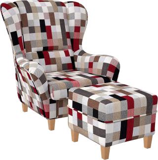 Supellex Sofia Ohrensessel mit Hocker | Design Patchwork kariert bunt gedeckt