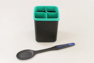 TUPPERWARE Griffbereit Ordnungstopf schwarz-türkis + Kochlöffel schwarz-blau