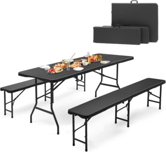 Sekey Bierzeltgarnitur Klappbar, Kunststoff Biertischgarnitur 180cm, 3-teilig Set Tisch + 2 x Bierbank mit Tragegriffe, Gartenmöbel Set für drinnen draußen, Festzeltgarnitur Rattan-Optik (Schwarz)