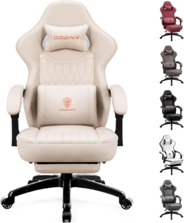 Dowinx Gaming Stuhl mit Frühling Kissen,Racing Gamer Stuhl mit Massage Lendenwirbelstütze, Ergonomischer Gaming Sessel mit Fußstütze Bürostuhl PU Leder Weiß