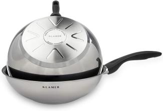 KLAMER Wok Edelstahl 28cm, antihaftbeschichtete Induktions-Pfanne, mit hohem Ran…, Energiesparend, Güteglasdeckel, tropffrei abgießen