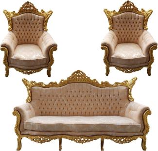 Casa Padrino Barock Wohnzimmer Set Master Creme Muster / Gold mit Bling Bling Glitzersteinen - 3er Sofa + 2 Sessel - Limited Edition!