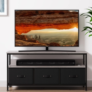 GarveeMore TV-Schrank mit 3 Stoffschubladen, TV-Bank für Fernseher bis zu 55 Zoll, TV-Schrank aus Holz mit Schubladen und Regalen, für Wohnzimmer, Schlafzimmer, Dekoration, 120 x 57 x 30 cm, Grau