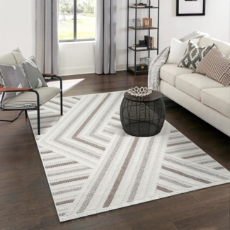 Teppich Wohnzimmer - 140x200cm - Cream Braun Grau - Boho-Style mit Fransen - Modern Geo Muster - Flachflor Wohnteppich Schlafzimmer Deko