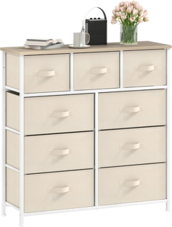DWVO Kommode mit 9 Schubladen, Schrank aus Stoff mit Griffen, Metallgestell & MDF-Holzplatte, langlebig, für Schlafzimmer & Wohnzimmer,Cremeweiß