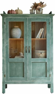 Mirabeau Vitrine charmanter Vitrinenschrank Nouvellese aus Kiefern- & Tannenholz grün (rustikal, vintage, Glastüren & verstellbaren Einlegeböden) Kommode, Küchenschrank, B 105cm, H 159,5cm, T 38,5cm