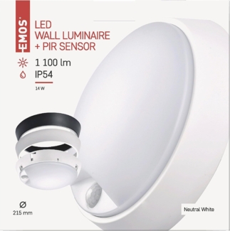 EMOS LED-Wandleuchte und Deckenleuchte mit Bewegungsmelder, rund, IP54 wasserdichte 14 W Außenleuchte für Balkon, Keller, Garage, Outdoor, 1100 lm, neutralweiß 4000K, Ø21,5cm, ZM3231, 21,5 cm
