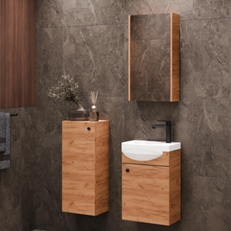 Planetmöbel Badset komplett aus Unterschrank 40cm mit Waschbecken, Spiegelschrank und 1x Midischrank in Gold Eiche, Komplettset für Badezimmer 4-teilig