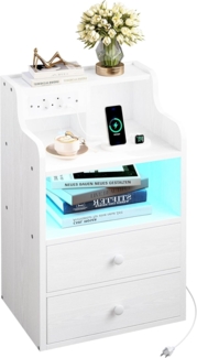IRONCK Nachttisch LED mit Steckdose und Ladefunktion, Beistelltisch Holz, Nachtschrank mit 2 AC, 1 USB& 1 Type-C Anschlüsse, Sofatisch mit 2 Schubladen, Nachtkästchen Wohnzimmer,Schlafzimmer, Weiß