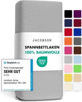 Jacobson Jersey Spannbettlaken Spannbetttuch Baumwolle Bettlaken (90x200-100x200 cm, Grau)