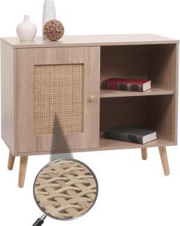 Kommode HWC-M39, Schrank Highboard, Staufach, Kubu Rattan Holz Melamin, 67 x 80 x 38 cm Eiche-Optik