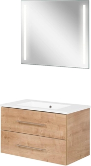 FACKELMANN B.PERFEKT Waschtisch Set mit Spiegel 82 cm breit, Braun hell, Waschbecken Keramik Weiß