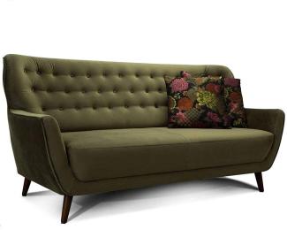 CAVADORE 3-Sitzer-Sofa Abby / Retro-Couch im Samt-Look mit Knopfheftung / 183 x 89 x 88 / Samtoptik, grün