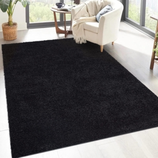 carpet city Shaggy Hochflor Teppich - 150x150 cm Quadratisch - Schwarz - Langflor Wohnzimmerteppich - Einfarbig Uni Modern - Flauschig-Weiche Teppiche Schlafzimmer Deko