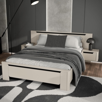 Forte VODOL Bettgestell 160x200 cm, modernes Bett mit integrierten Nachtschränken, Holzwerkstoff, Kaschmir|Beige, 256,5 cm breit x 94 cm hoch x 215,2 cm tief