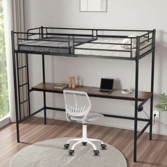 FurnitureR Hochbett 90x200 cm Metall mit Schreibtisch, Metall Bettrahmen mit Ladestation (2 AC Steckdosen 2 USB Ports), Treppe, ohne Matratze，Absturzsicherung & Lattenrost – Schwarz