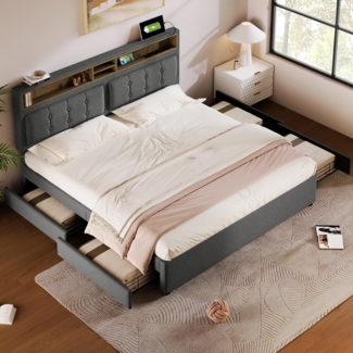 OKWISH Polsterbett Doppelbett Stauraumbett, Kiefernholz Flanell 140*200cm Ohne Matratze