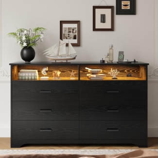 IRONCK Kommode Schwarz mit 6 Schubladen, Komodenschrank mit LED-Streifen und 2 Steckdosen, 1 USB+1 Typ-C-Anschlusse, Schubladenschrank für Schlafzimmer, Wohnzimmer, Arbeitszimmer Flur, 150cm Breite