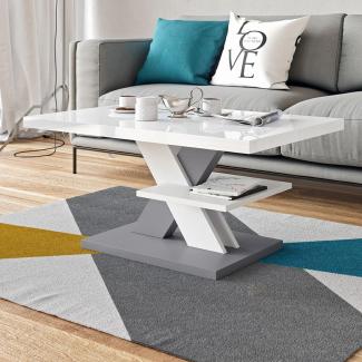 Viosimc Couchtisch Weiß Grau, Modern Wohnzimmertisch mit einem Regal. Tischplatte weiß hochglänzend, stilvoller moderner weißgrauer Mitteltisch und Beistelltisch Wohnzimmertisch (Weiß - Grau)