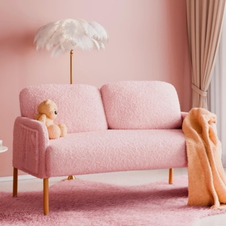 Mondeer 2 Siter Sofa, Kleine Couch mit Seitentasche und Gepolsterter Metallfüßen Gemütlicher Kunstlammfell Stoff Moderne, für Wohnzimmer Schlafzimmer, 122 x 76 x 75 cm, Rosa