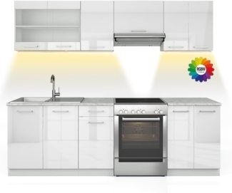 Küchenzeile Raul Weiß Hochglanz/Weiß 240 cm , AP Marmor mit LED-Leisten Vicco