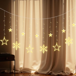 LEDYA LED Lichtervorhang Sterne & Schneeflocken, 1,65 m 138 LEDs Vorhang Lichterkette mit 8 Modi & Timer, Lichter mit Stecker für Weihnachten, Fenster, Schlafzimmer, Hochzeit, Party, Zuhause, Warmweiß