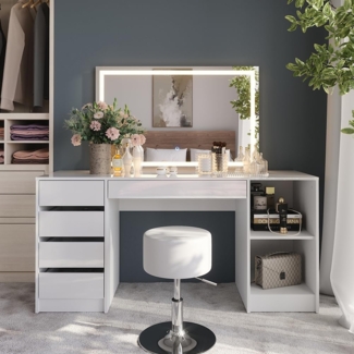 Schminktisch Sherry Weiß/Weiß Hochglanz 158.2 cm mit LED-Spiegel und Hocker Vicco