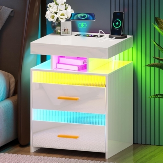Lvifur Led Nachttisch mit 24 Farbe RGB Licht,Smart Nachttisch mit USB Ladefunktion & Kabelloses Laden,Nachttisch Weiß Hochglanz mit 2 Schublade