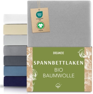 Dreamzie Premium Spannbettlaken 180x200 cm bis 200x200 cm Grau, Spannbetttuch aus 100% Jersey Biobaumwolle, 150 g/m² - Oeko-TEX