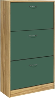 BAKAJI Platzsparendes Schuhregal Slim aus Melaminholz mit 3 Klapptüren und doppelter Tiefe Abmessungen 60 x 24 x 120 cm (Grün und Eiche)