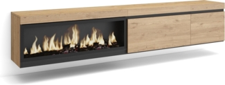 Skraut Home | TV-Schrank, Lowboard | für Wohnzimmer und Esszimmer | 237 x 45 x 35 cm | Für großformatiges TV | Elektrokamin XXL | Hängend | Moderner Stil | Eiche
