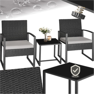 tectake® Rattan Sitzgruppe 2X Sessel mit Tisch, Balkon Möbel Set, Gartenmöbel, Balkonmöbel, Lounge klein, Stühle mit Polster inkl. Gartentisch Outdoor, wetterfest