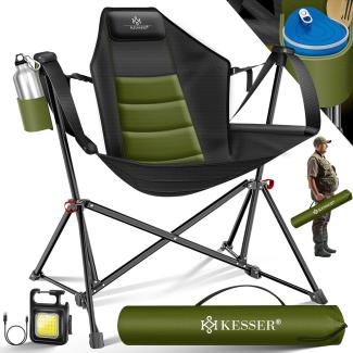 KESSER® Campingstuhl faltbar Schaukelstuhl bis 160 kg | Angelstuhl Faltstuhl Klappstuhl Gepolstert | Campinglicht und Getränkehalter + Tasche mit hoher Rückenlehne | Strandstuhl mit Wippfunktion Khaki / Schwarz