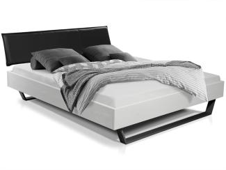 Möbel-Eins LUKY Kufenbett mit Polsterkopfteil, Material Massivholz, Fichte massiv, Kufen schwarz weiss 90 x 220 cm Kunstleder Schwarz