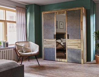 FORTE RICCIANO Schrank 180 190, Kleiderschrank Schlafzimmer Drehtürenschrank Industrial, 3-türig, Betonoptik Dunkelgrau/Holzdekor:Stabeiche, 181 cm breit x 212 cm hoch x 54 cm tief