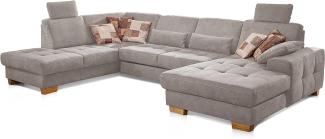 CAVADORE Wohnlandschaft Puccino mit Federkern, Bettfunktion, Bettkasten, Sitztiefenverstellung und 2 Kopfstützen / Sofa in U-Form im Landhausstil / 340 x 86 x 224 cm / Mikrofaser Hellgrau