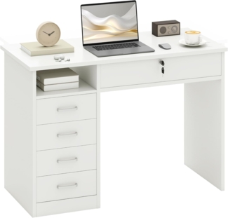 HOMCOM Computertisch Schreibtisch mit 5 Schubladen und Regal Bürotisch mit Schloss großer Arbeitsfläche Weiß 110 x 50 x 76 cm