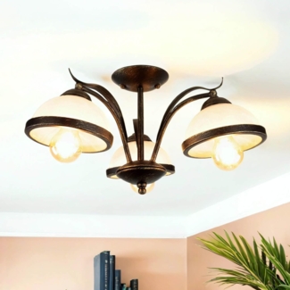 Licht-Erlebnisse Deckenleuchte KORFU, ohne Leuchtmittel, Deckenlampe Messing antik Weiß floral Glas Metall Küche Lampe